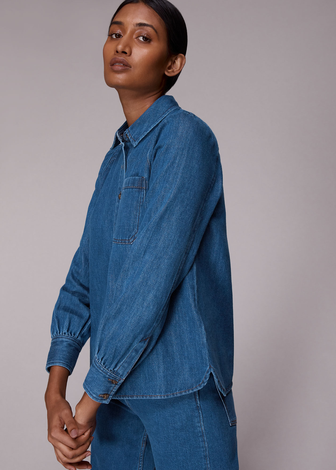 Denim Puff Sleeve Detail Denim Shirt WHISTLES