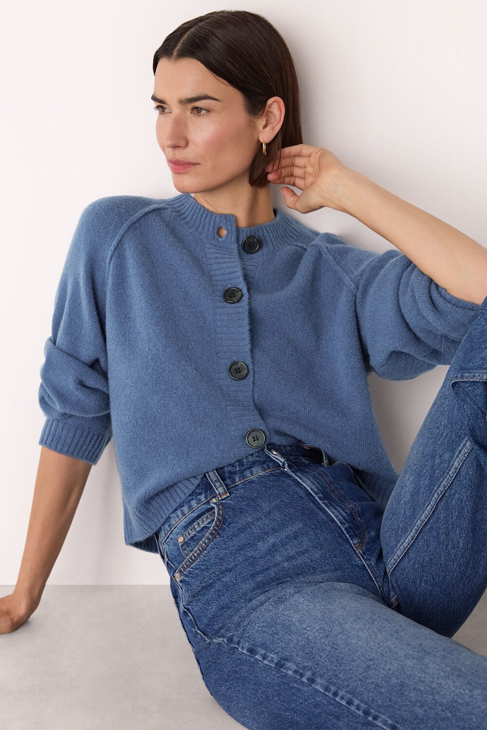 Blue Wool Mix Crew Cardigan
