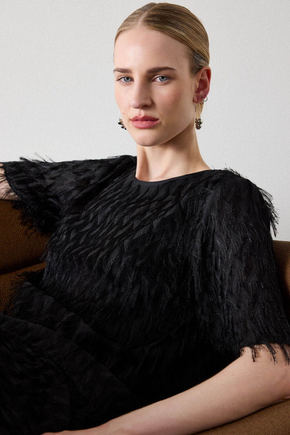 Black Fringe Textured Round Neck Top