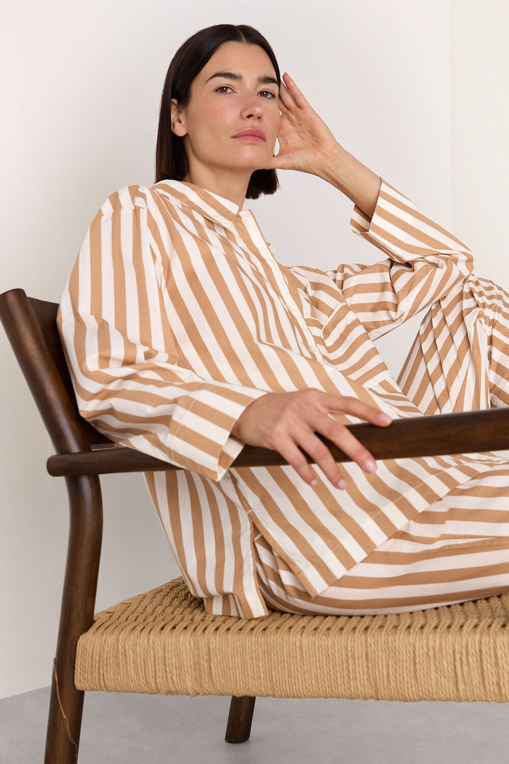 Ivory Cotton Stripe Pajama Shirt&nbsp;