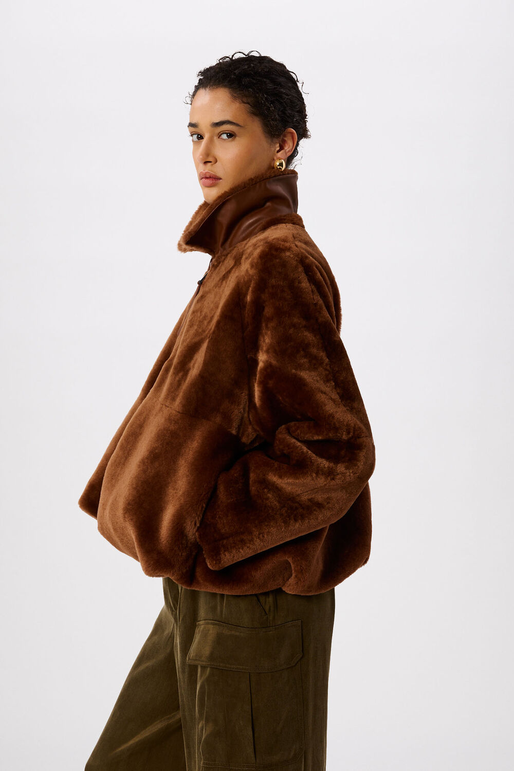 Chocolate Gathered Shearling Jacket