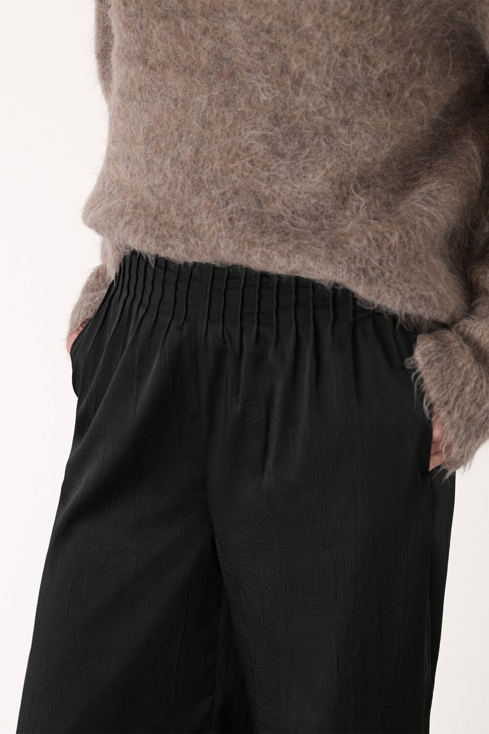 Black Textured Satin Pintuck Trouser