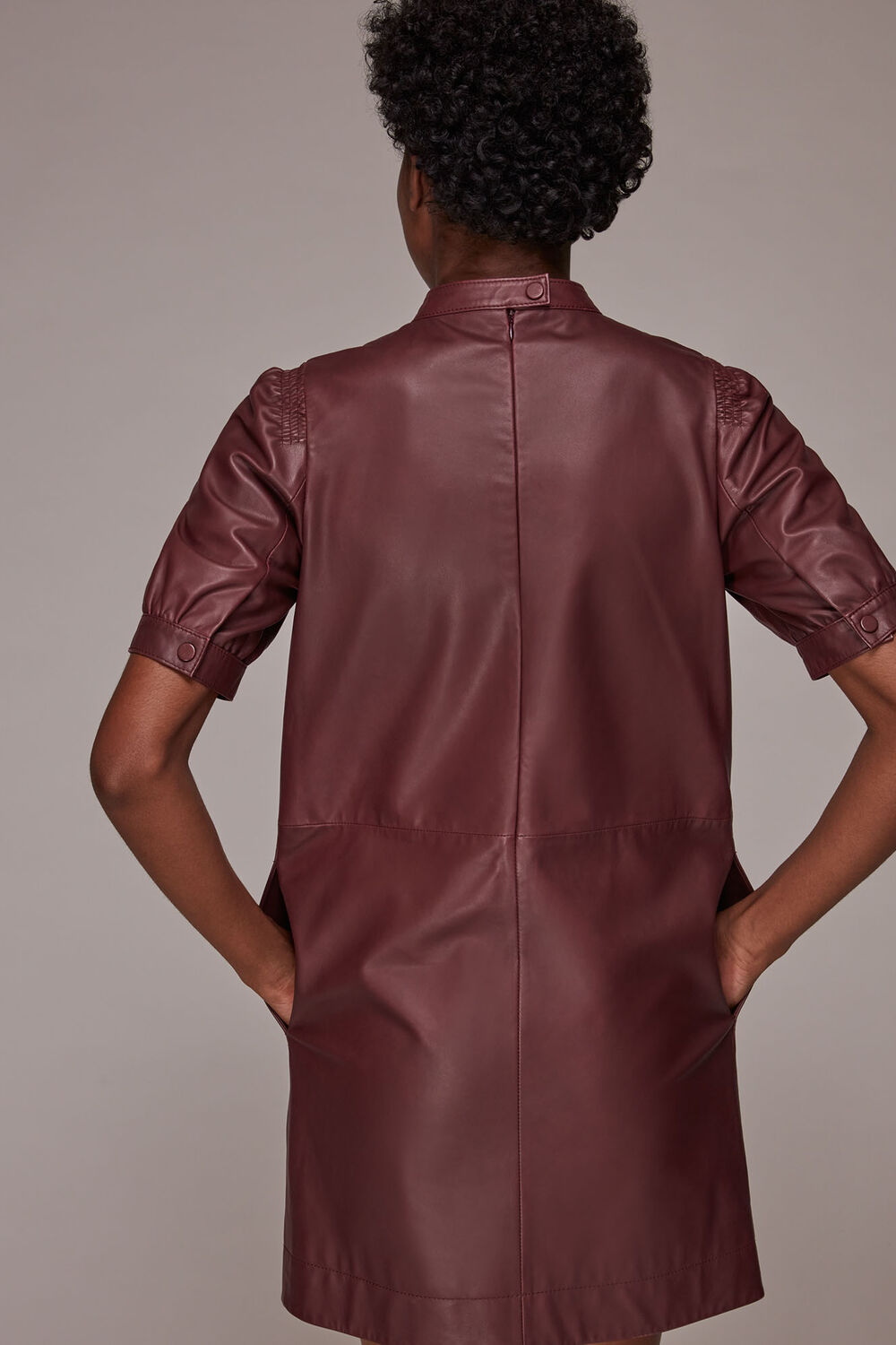 Burgundy Puff Sleeve Leather Dress