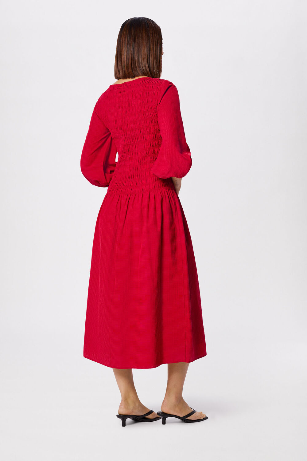 Red Smocked Bodice Midi Dress