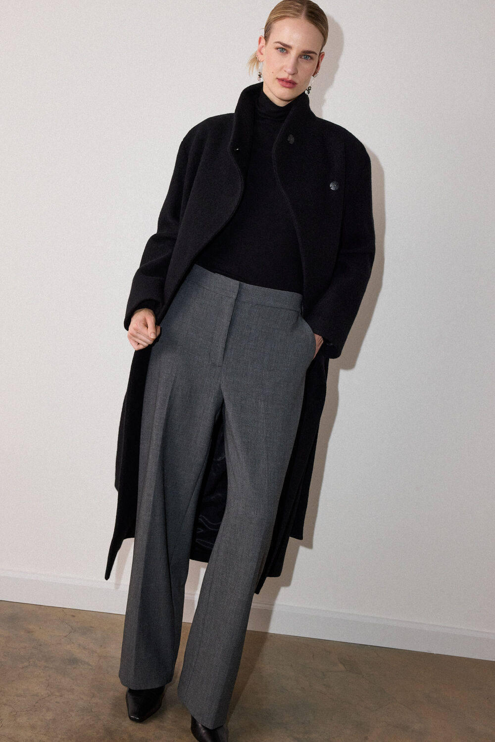 Black Morgana Wool Funnel Wrap Coat