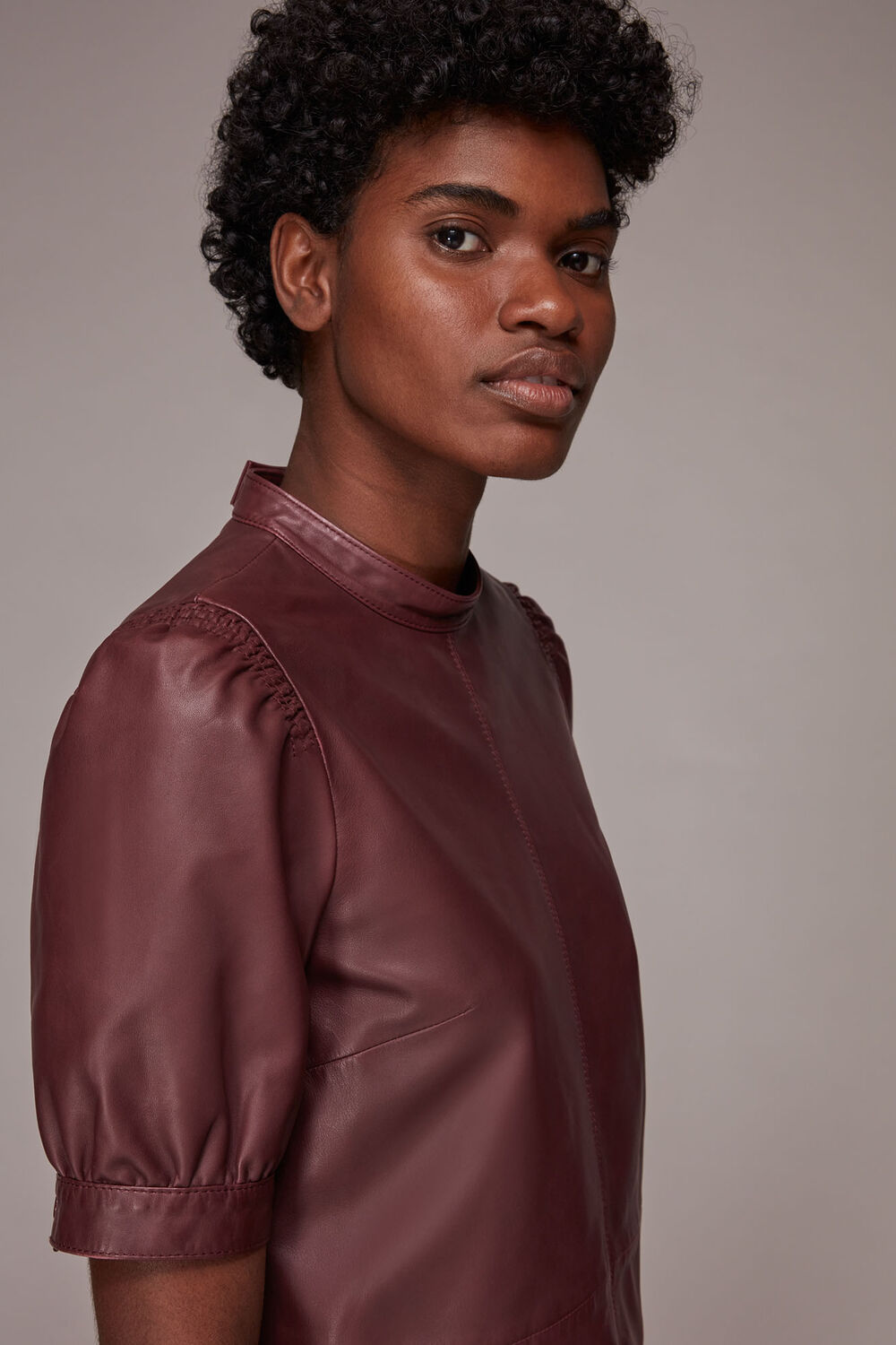 Burgundy Puff Sleeve Leather Dress