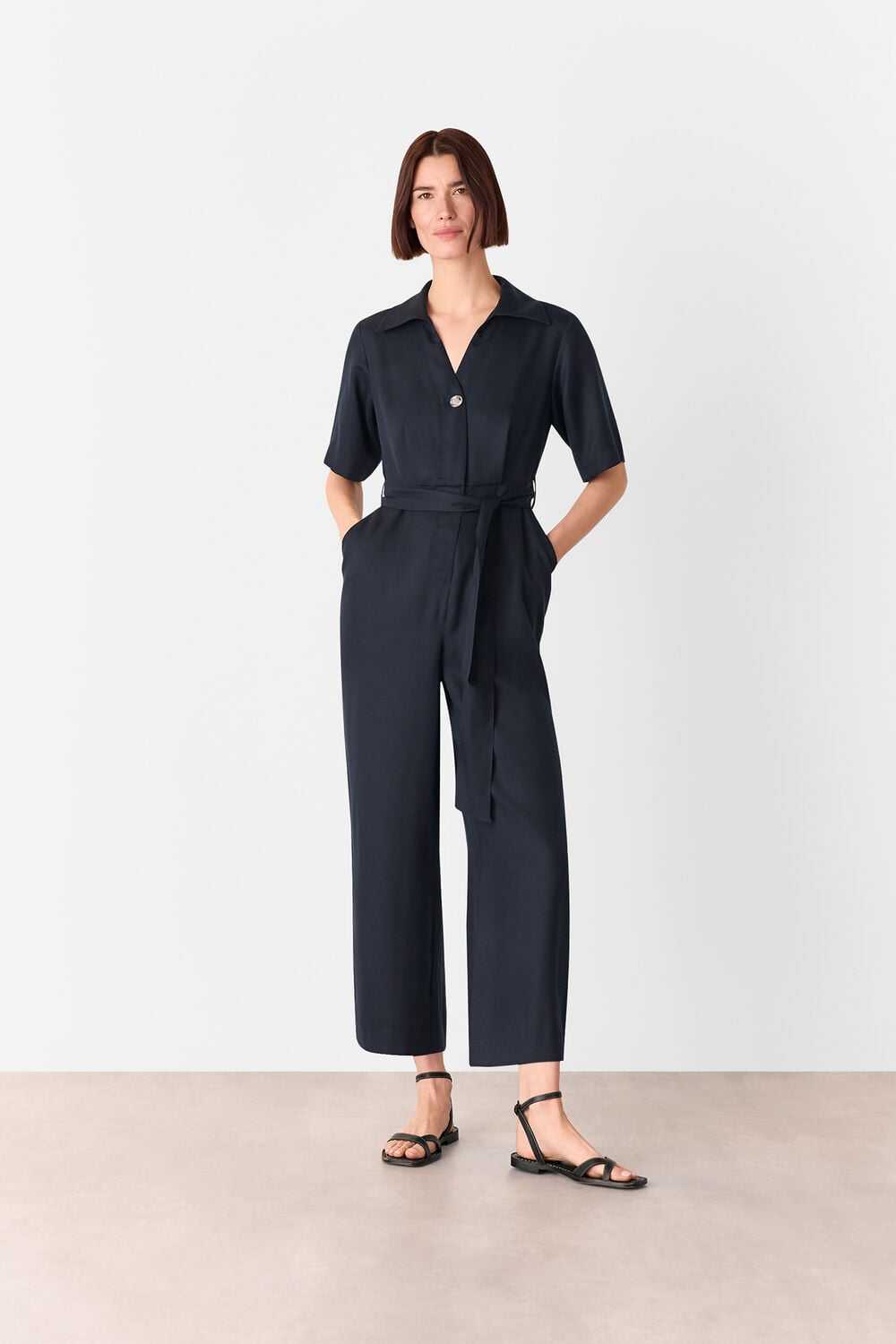 Navy Button Front Jumpsuit