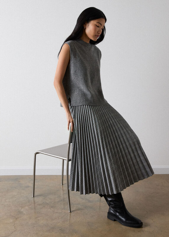 Grey Check Pleated Midi Skirt