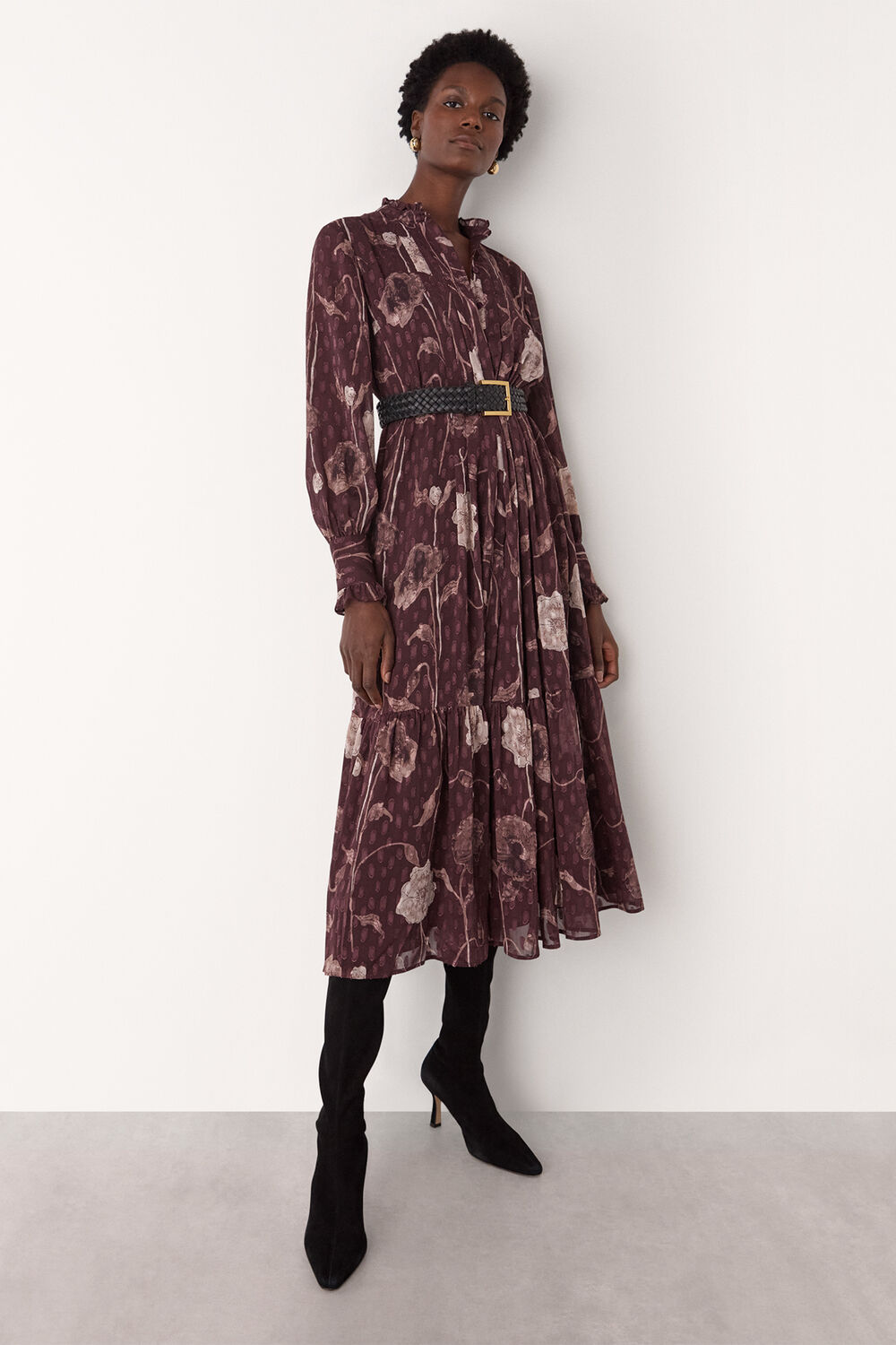 Burgundy Floral Dobby Midi Dress