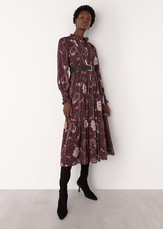 Burgundy Floral Dobby Midi Dress