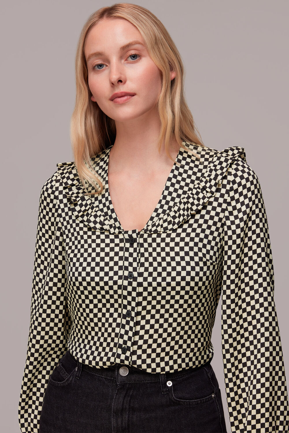 Black Checkerboard Collar Detail Top