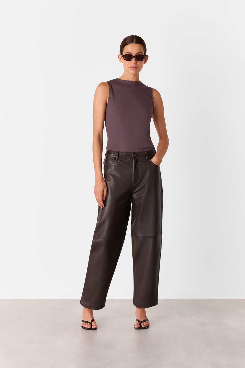 Brown High Neck Rib Detail Tee