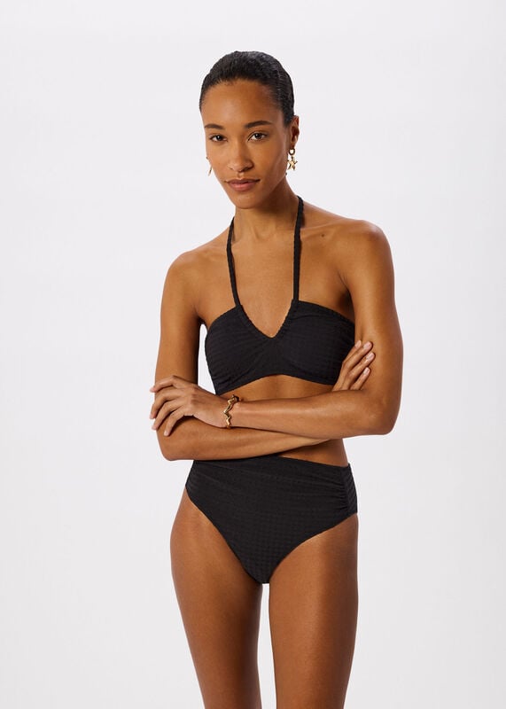 Black Textured Gingham Bikini Top