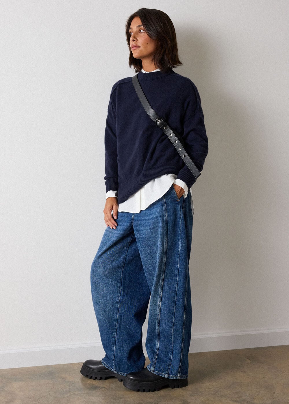 Navy Cashmere Seam Detail Crew Knit