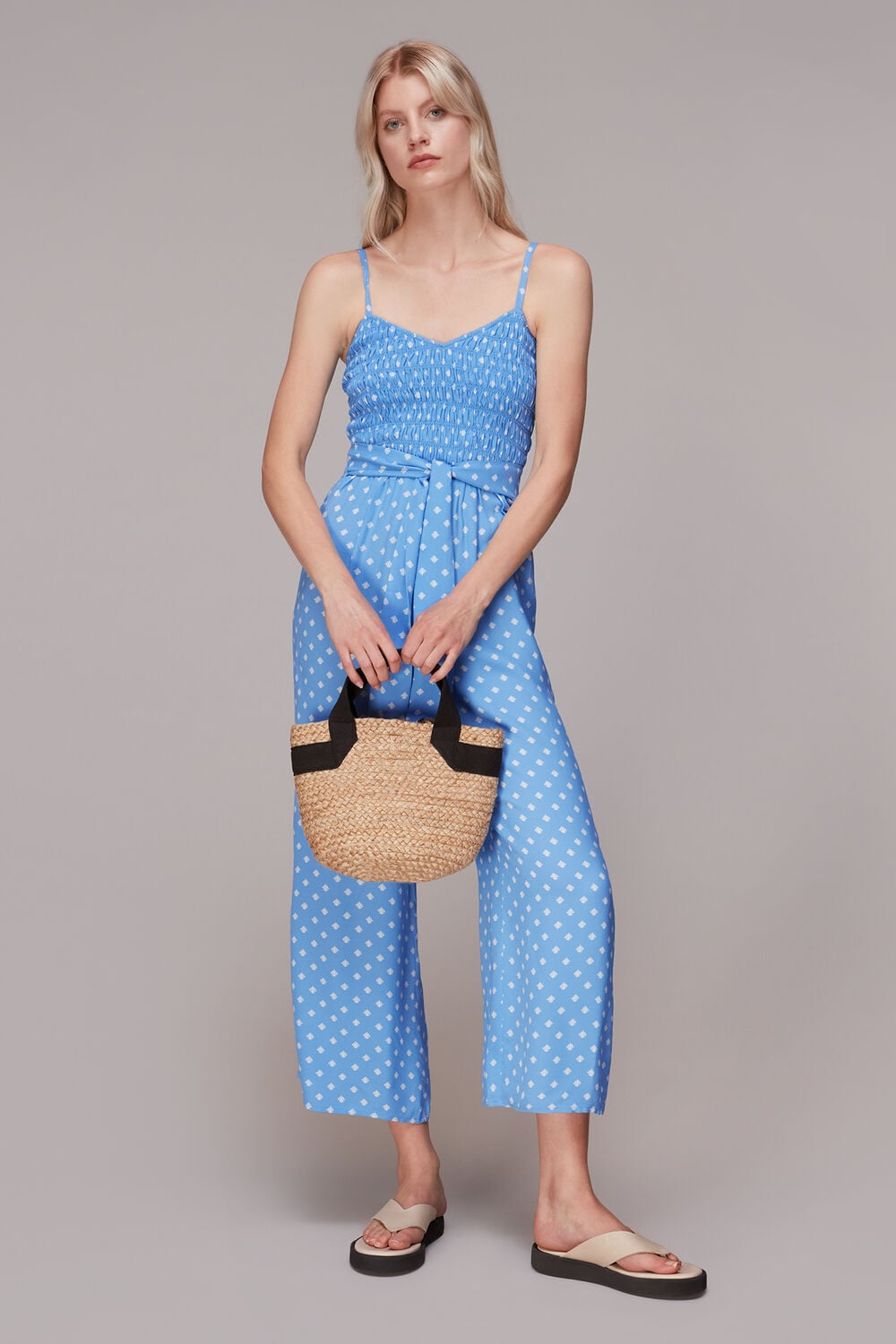 Blue Rounded Leaf Shirred Jumpsuit
