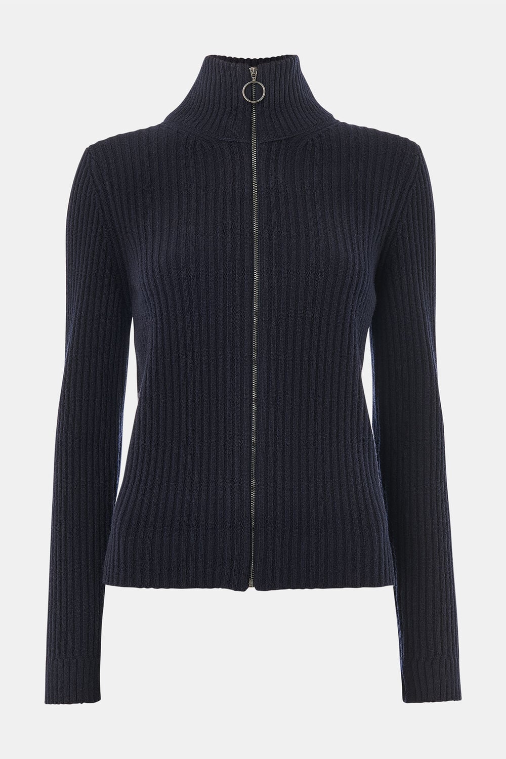 Navy Wool Zip Front Rib Cardigan