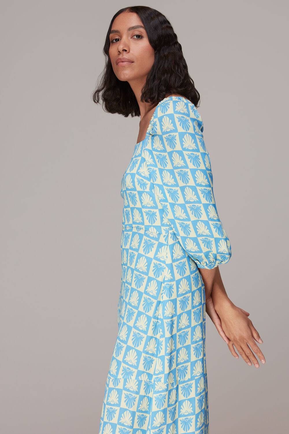 Blue Checkerboard Shells Midi Dress