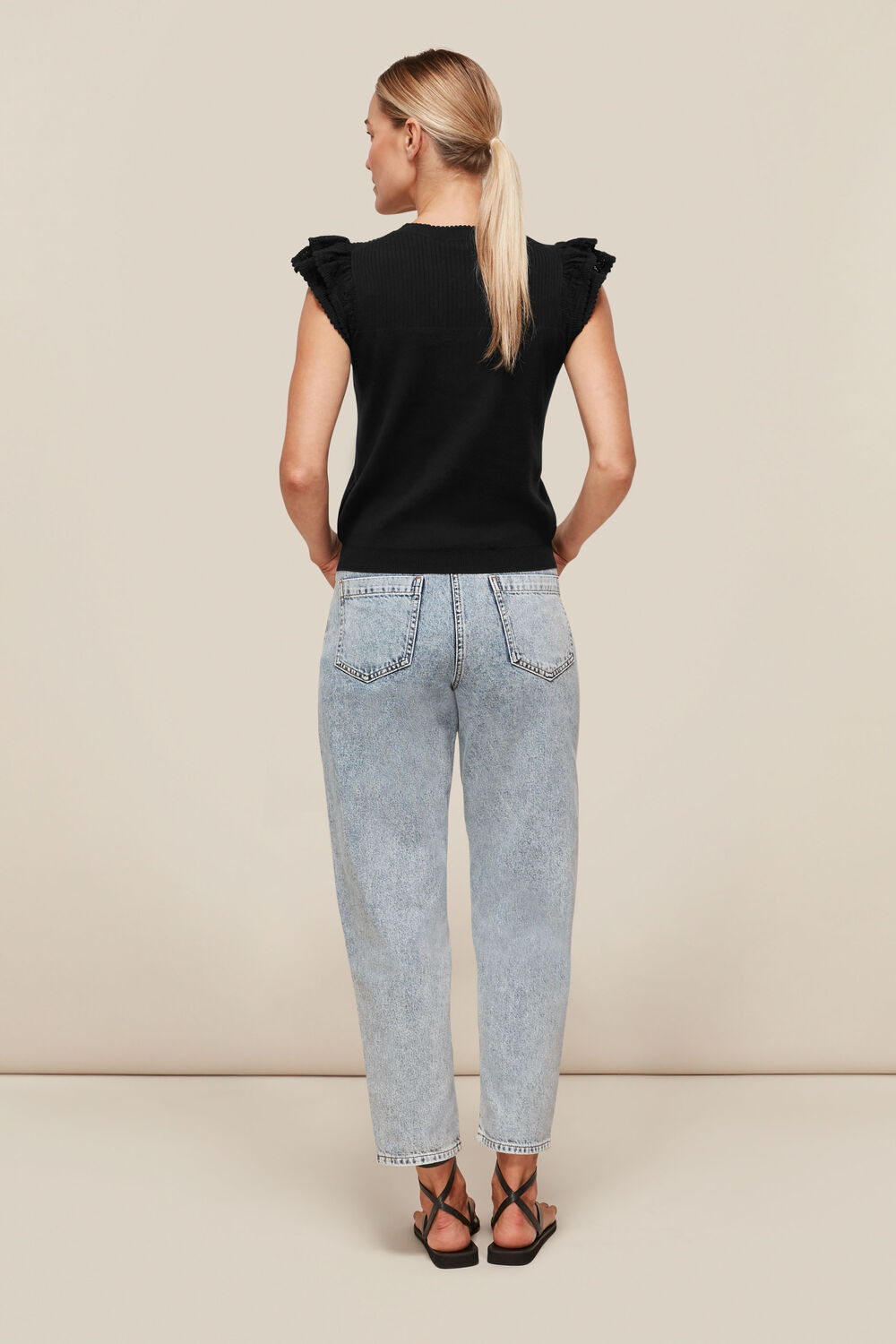 Pointelle Frill Sleeve Top Black