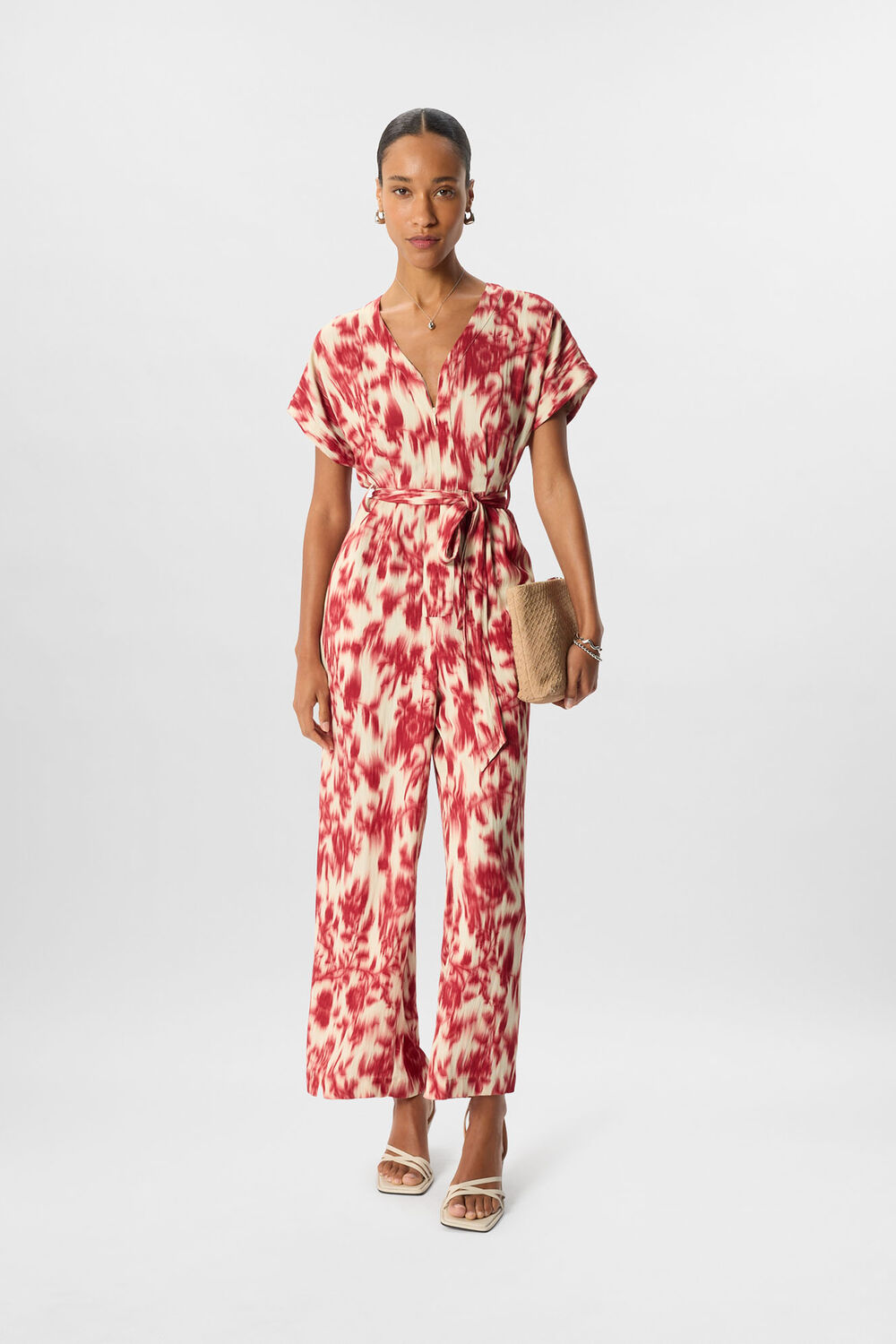 Red Petite Blurred Floral Tie Jumpsuit