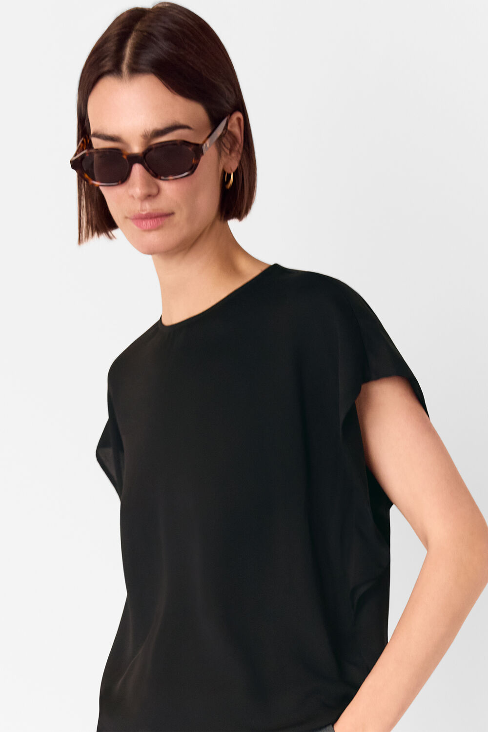 Black Short Sleeve Crepe Shell Top