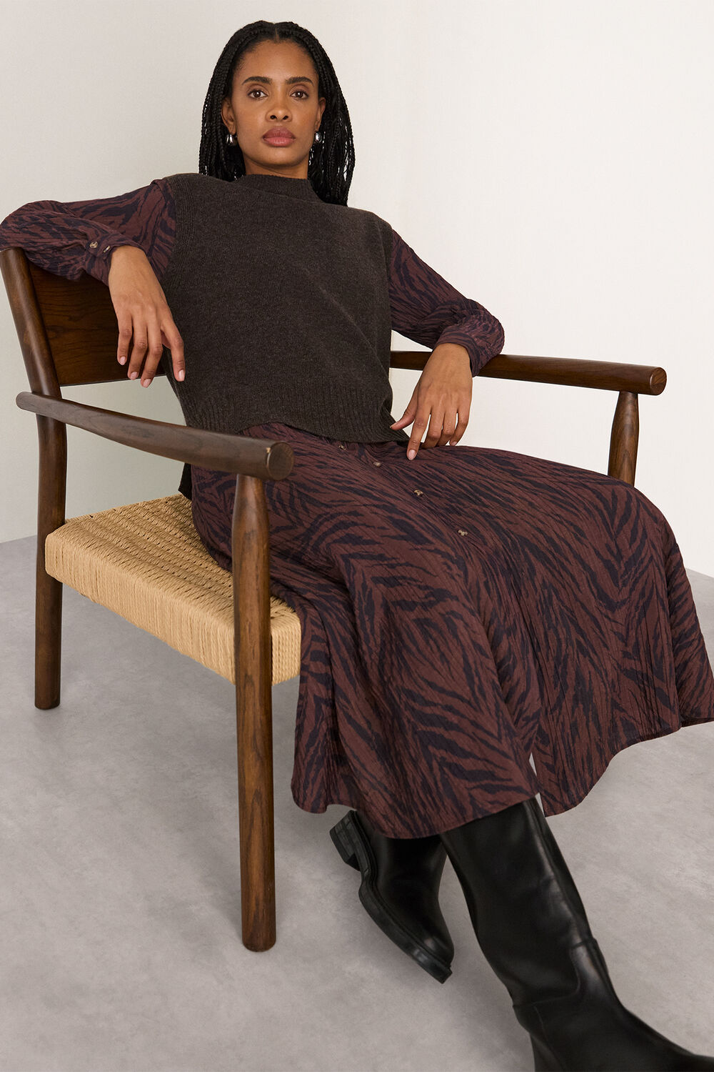 Brown Zebra Collared Shirt Dress