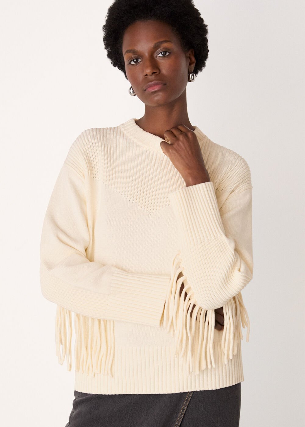 Fringe Rib Detail Cotton Knit