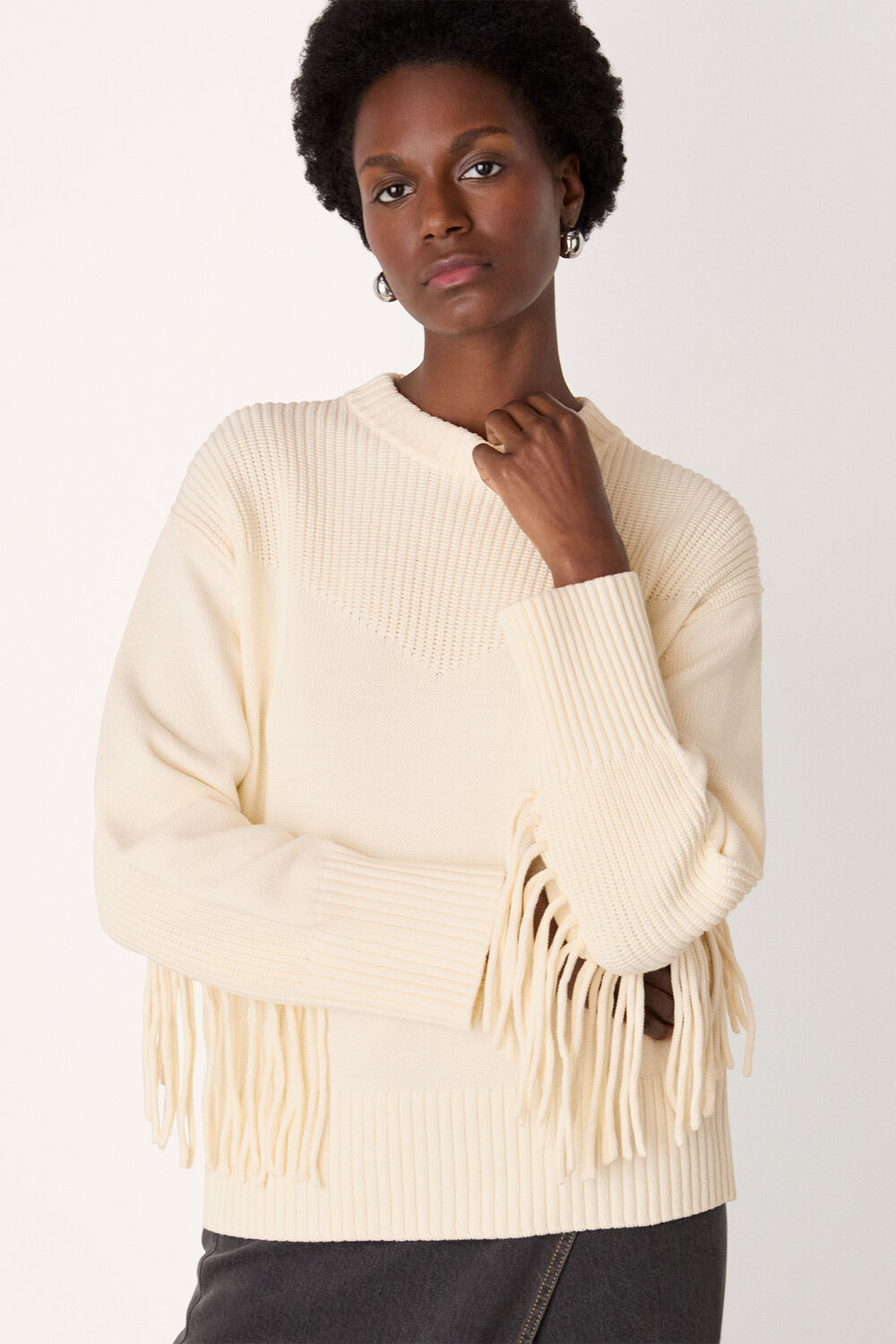 Ivory Fringe Rib Detail Cotton Knit