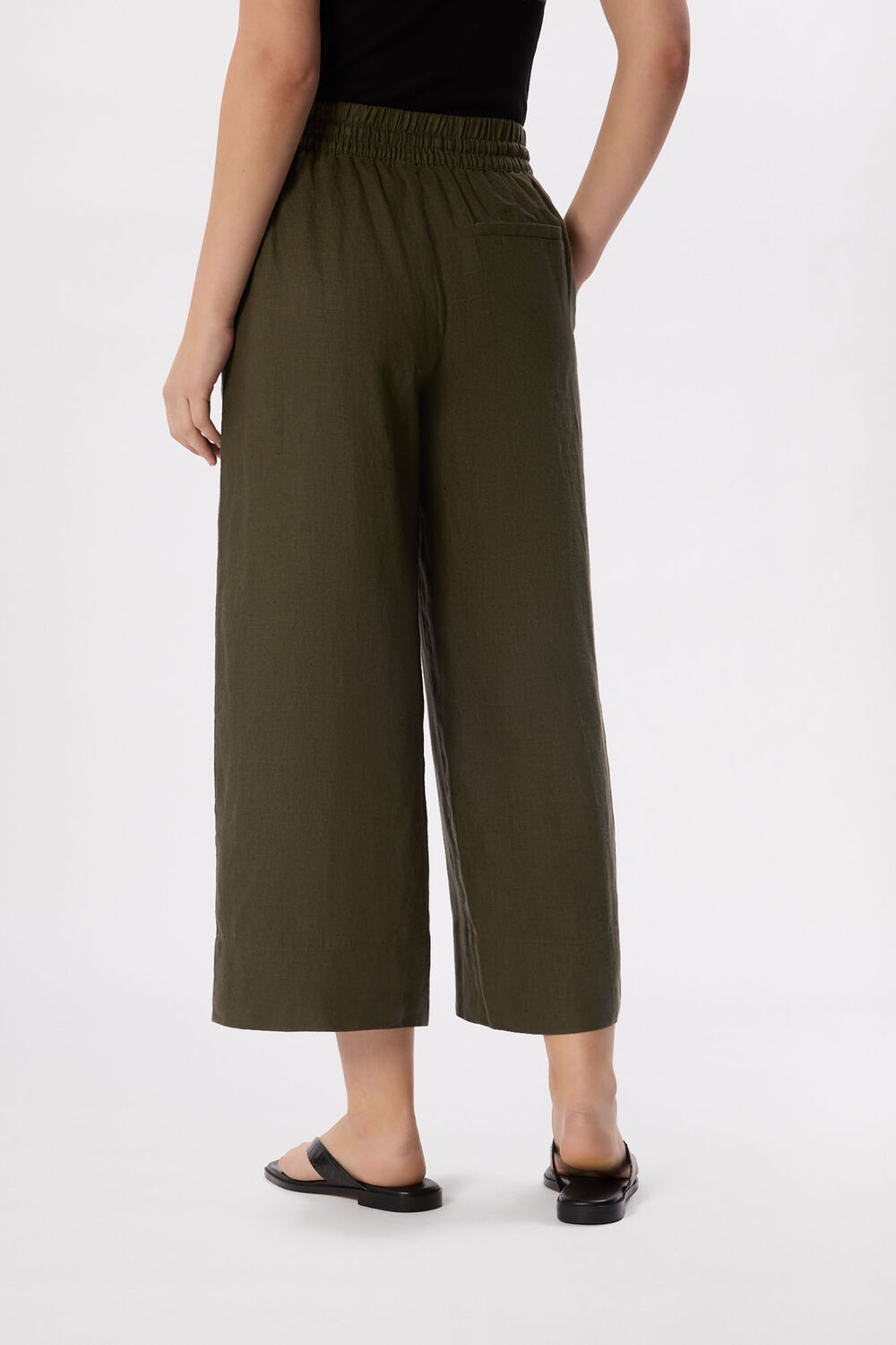 Khaki Elasticated Linen Crop Trouser