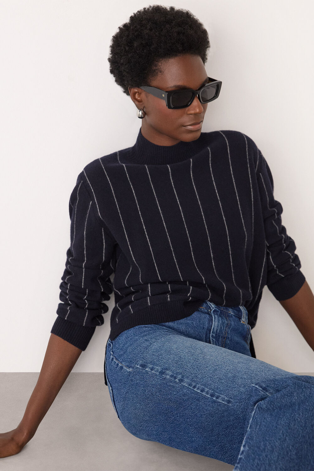 Navy Stripe Wool Funnel Neck Knit
