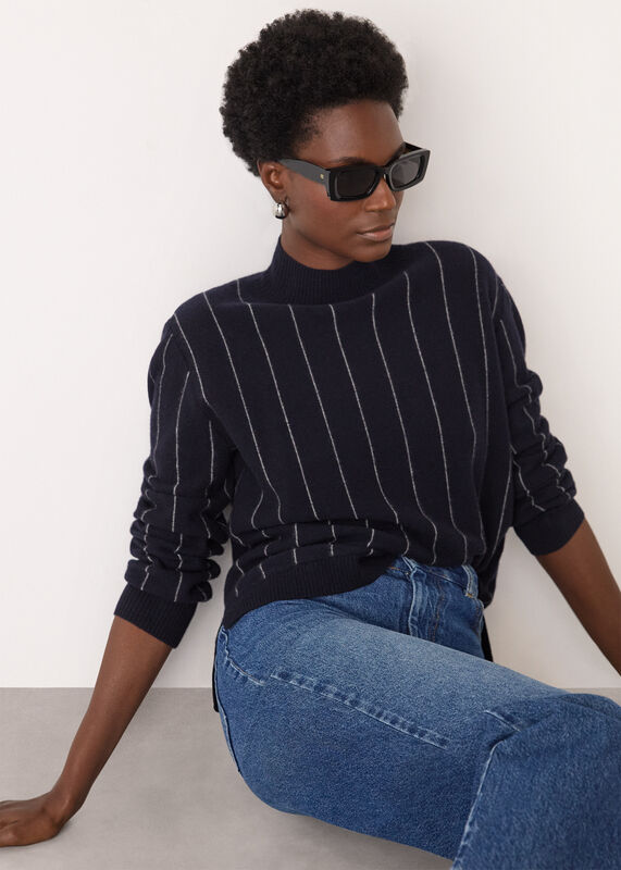 Navy Stripe Wool Funnel Neck Knit