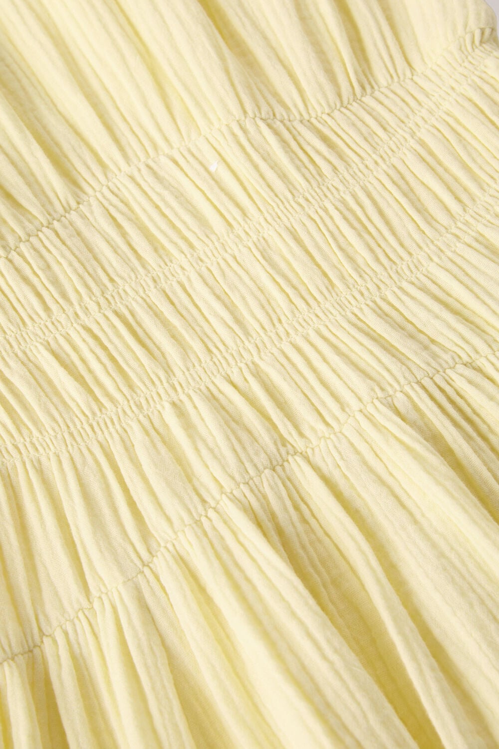 Yellow Shirred Cheesecloth Midi Dress