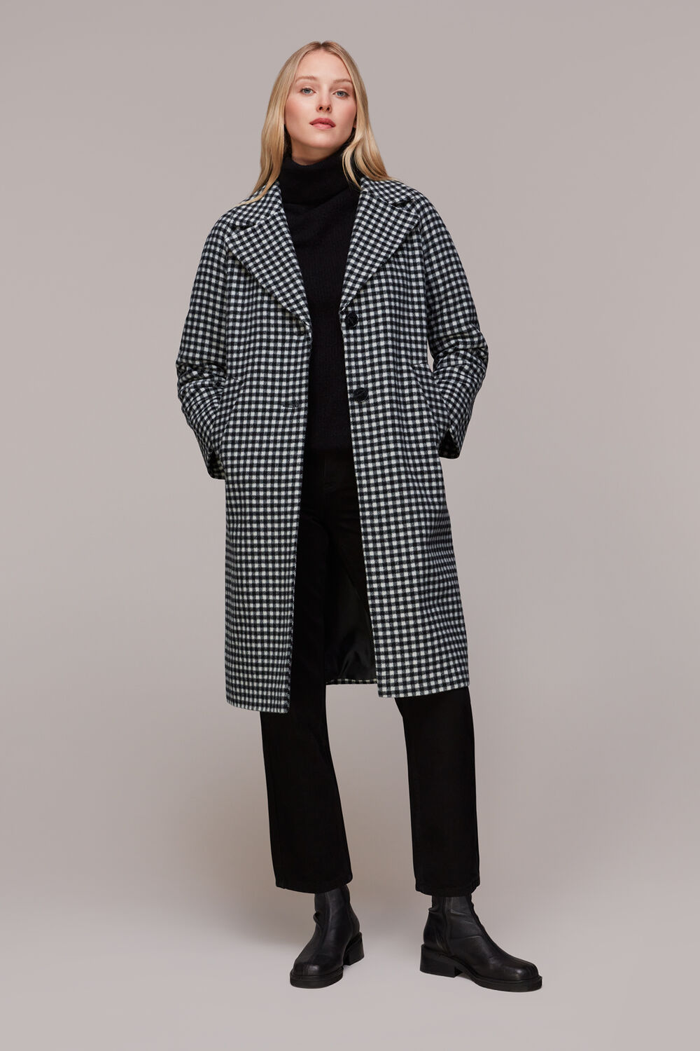 Black Gingham Wool Cocoon Coat