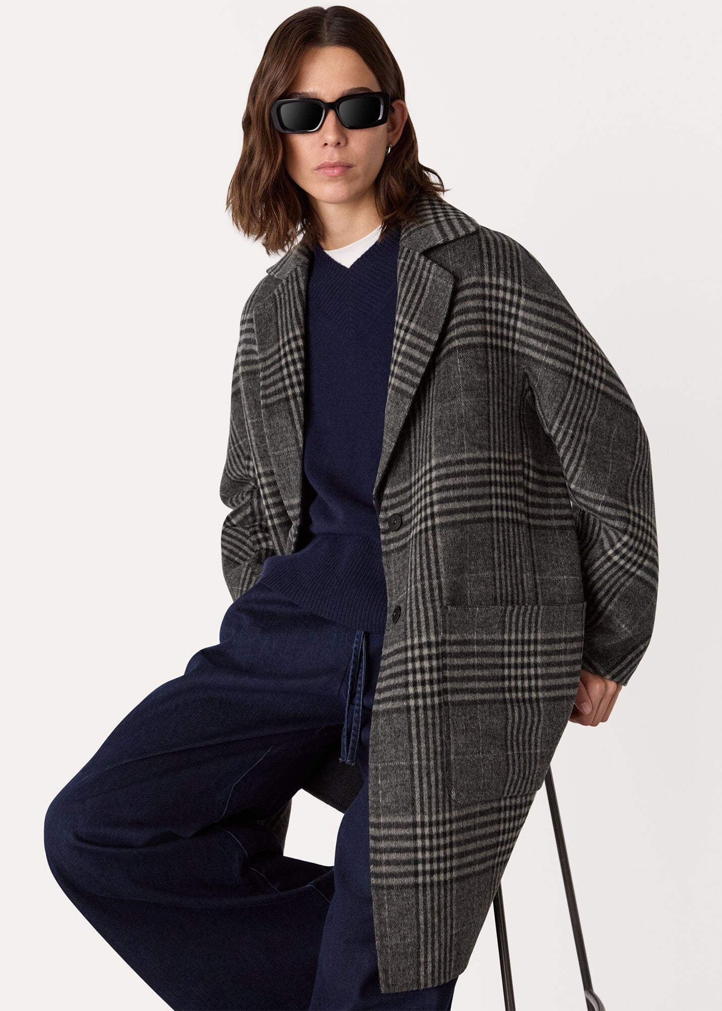 WHISLES チェックロングコート Grey/Multi Cassie Double Face Coat | WHISTLES | Whistles US |