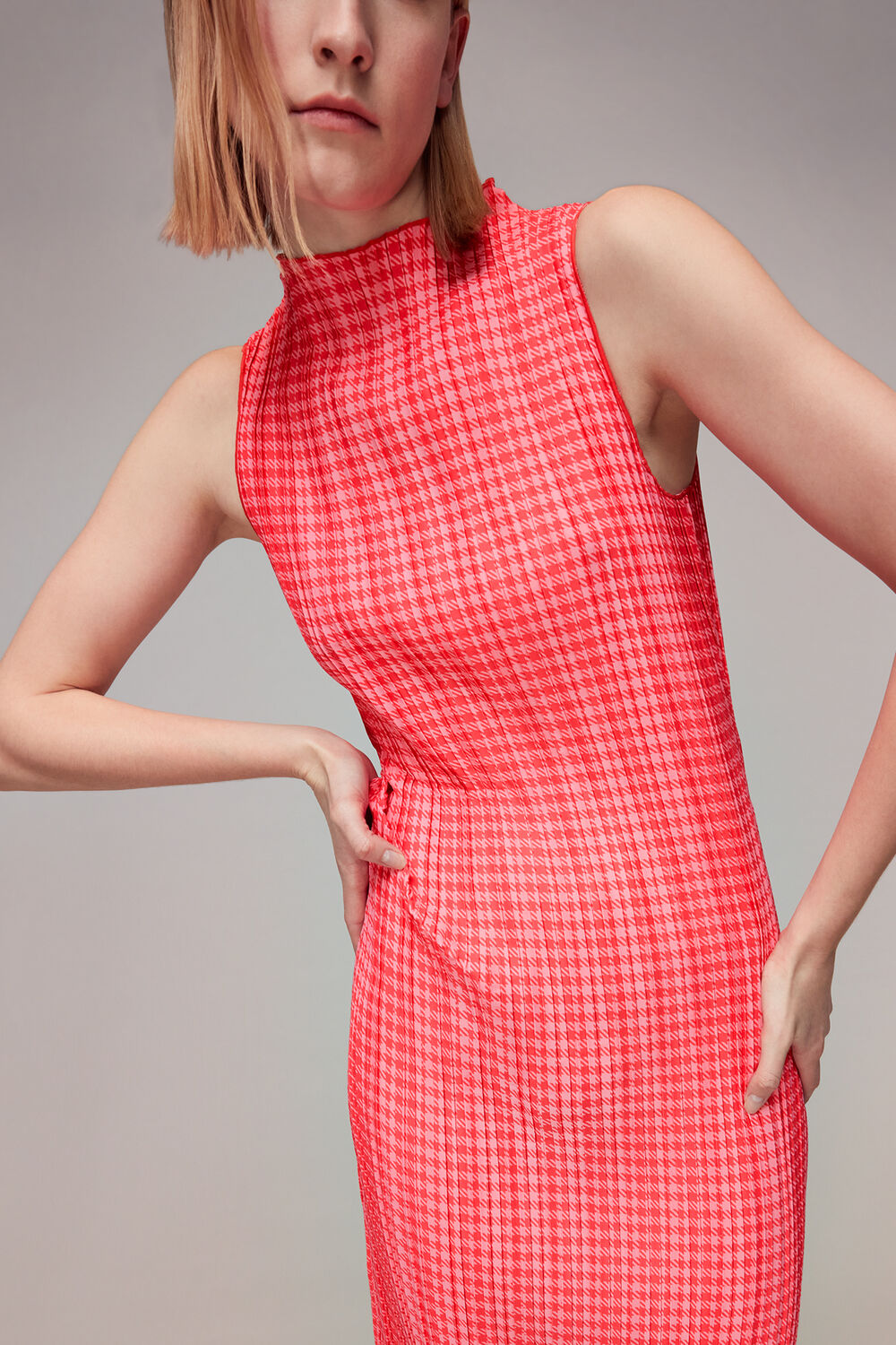 Pink Houndstooth Plisse Midi Dress