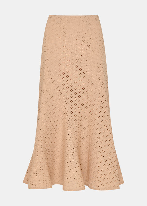 Camel Cotton Broderie Midi Skirt