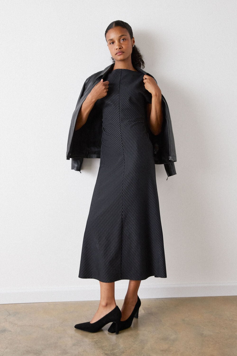 Black Pinstripe Jersey Midi Dress