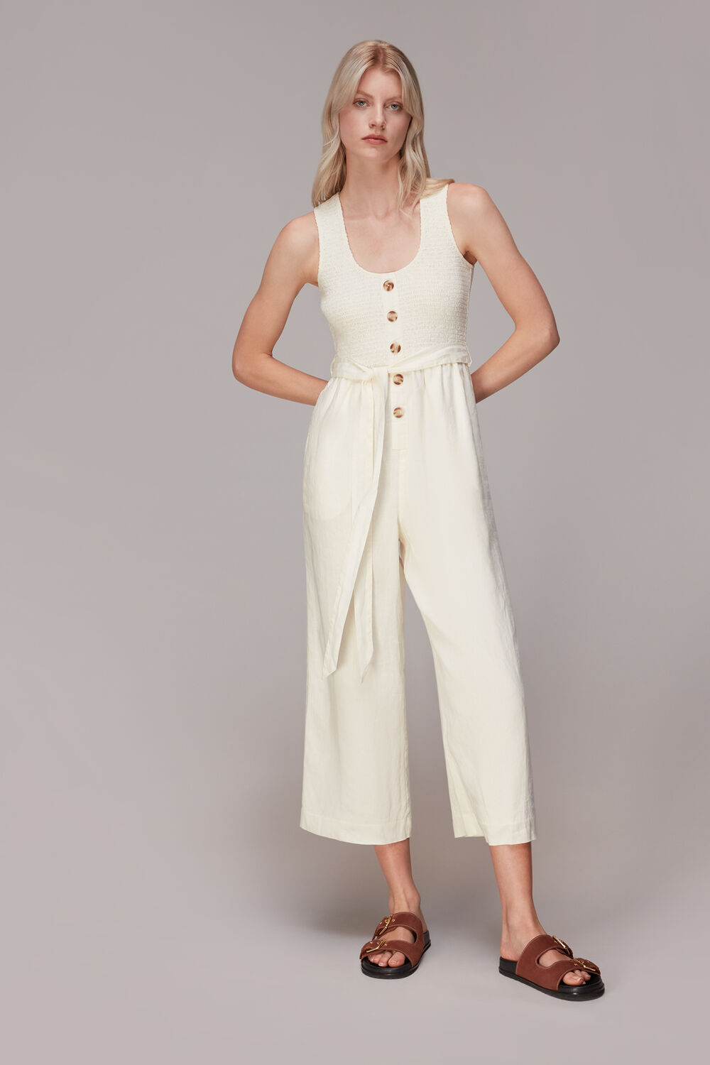 Ivory Shirred Linen Jumpsuit
