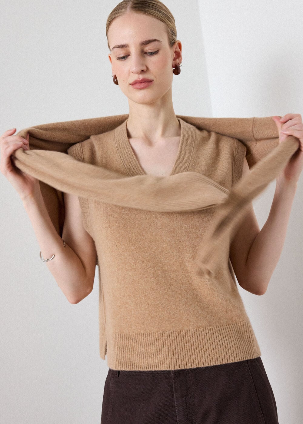 Camel Cashmere V Neck Tank