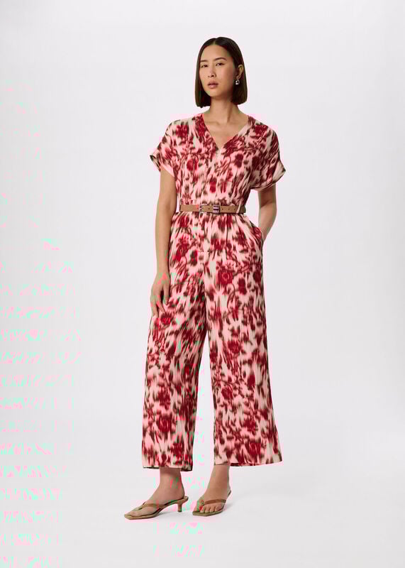 Red Blurred Floral Tie Jumpsuit