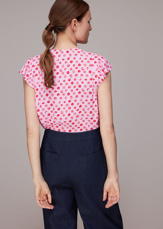 Pink Moon Floral Frill Sleeve Top