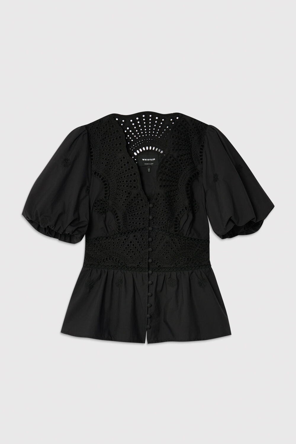 Black Cotton Broderie V Neck Blouse