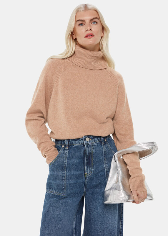 Camel Petite Cashmere Roll Neck
