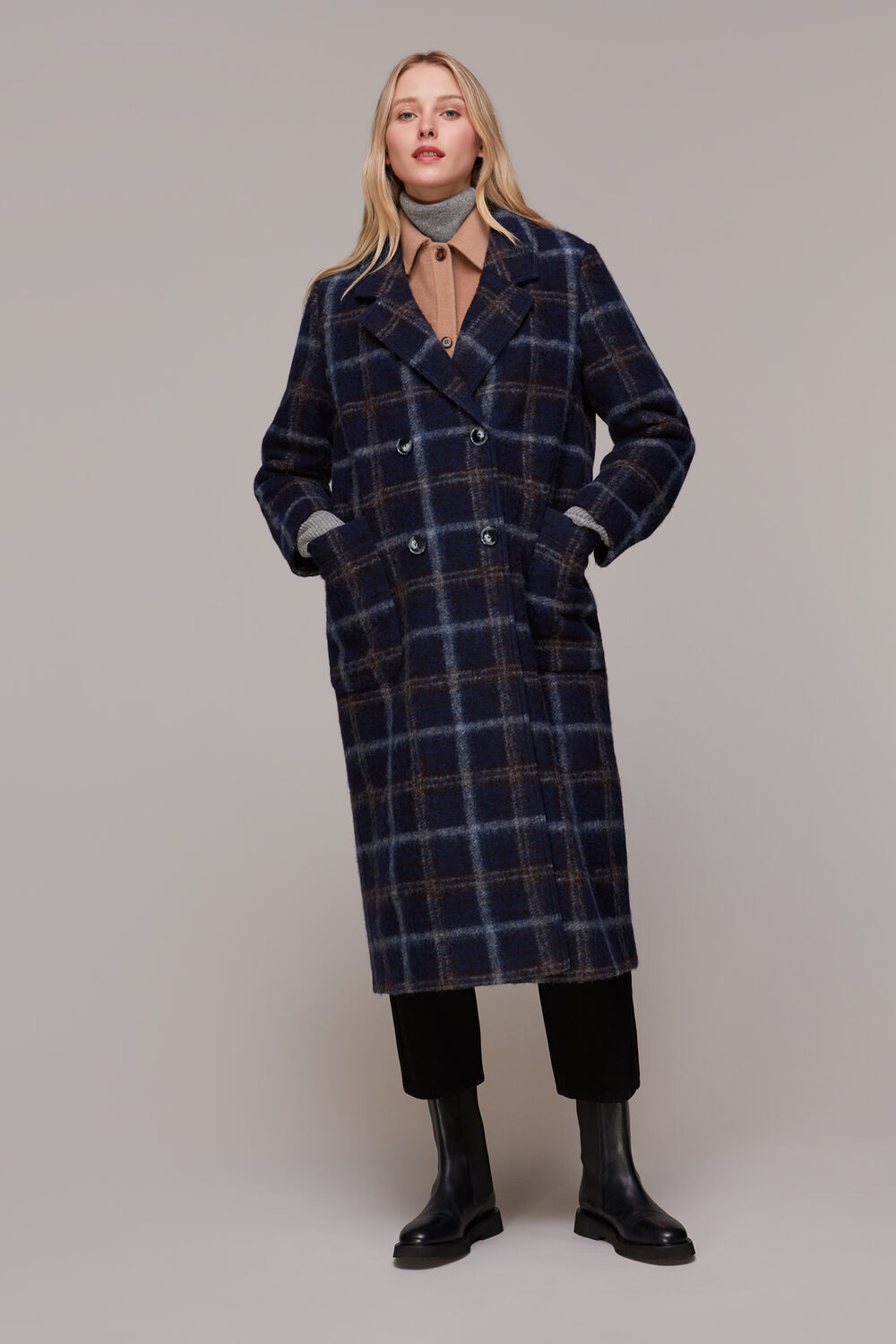 Wool Double Breast Check Coat