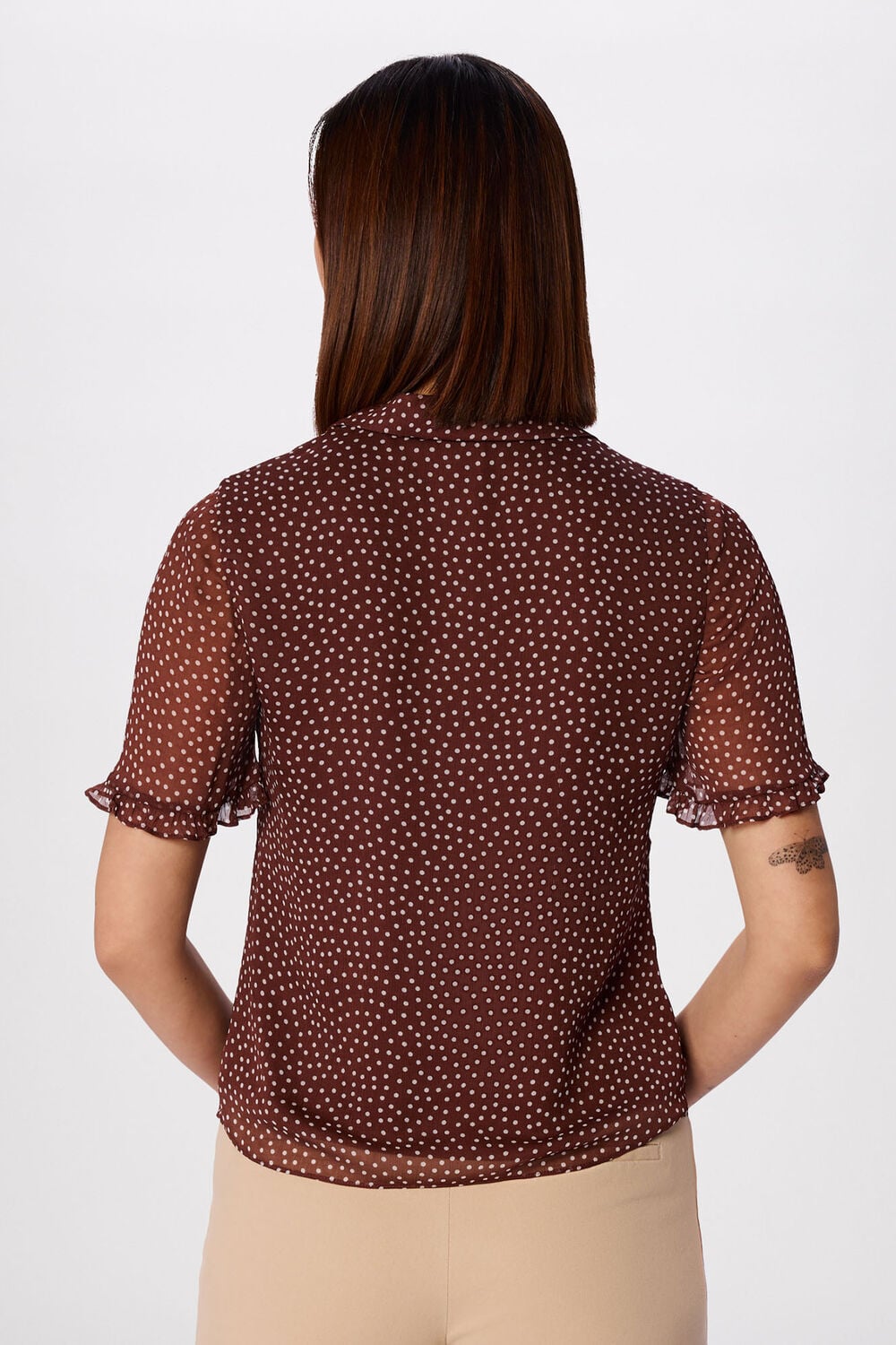 Brown Polka Dot Sheer Sleeve Shirt