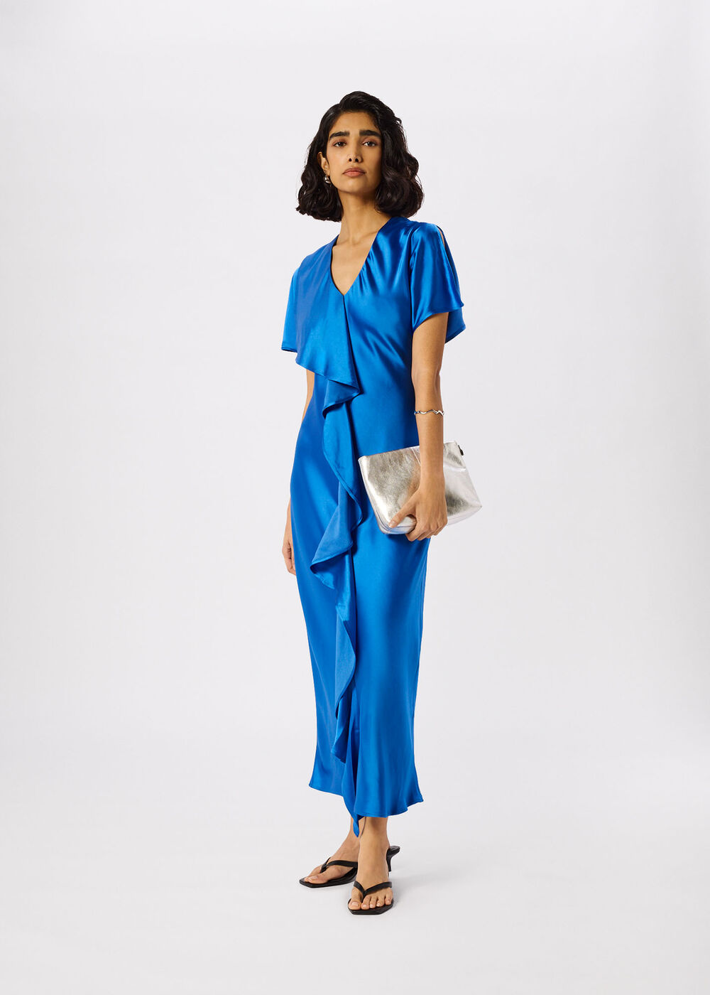 V Neck Ruffle Satin Dress