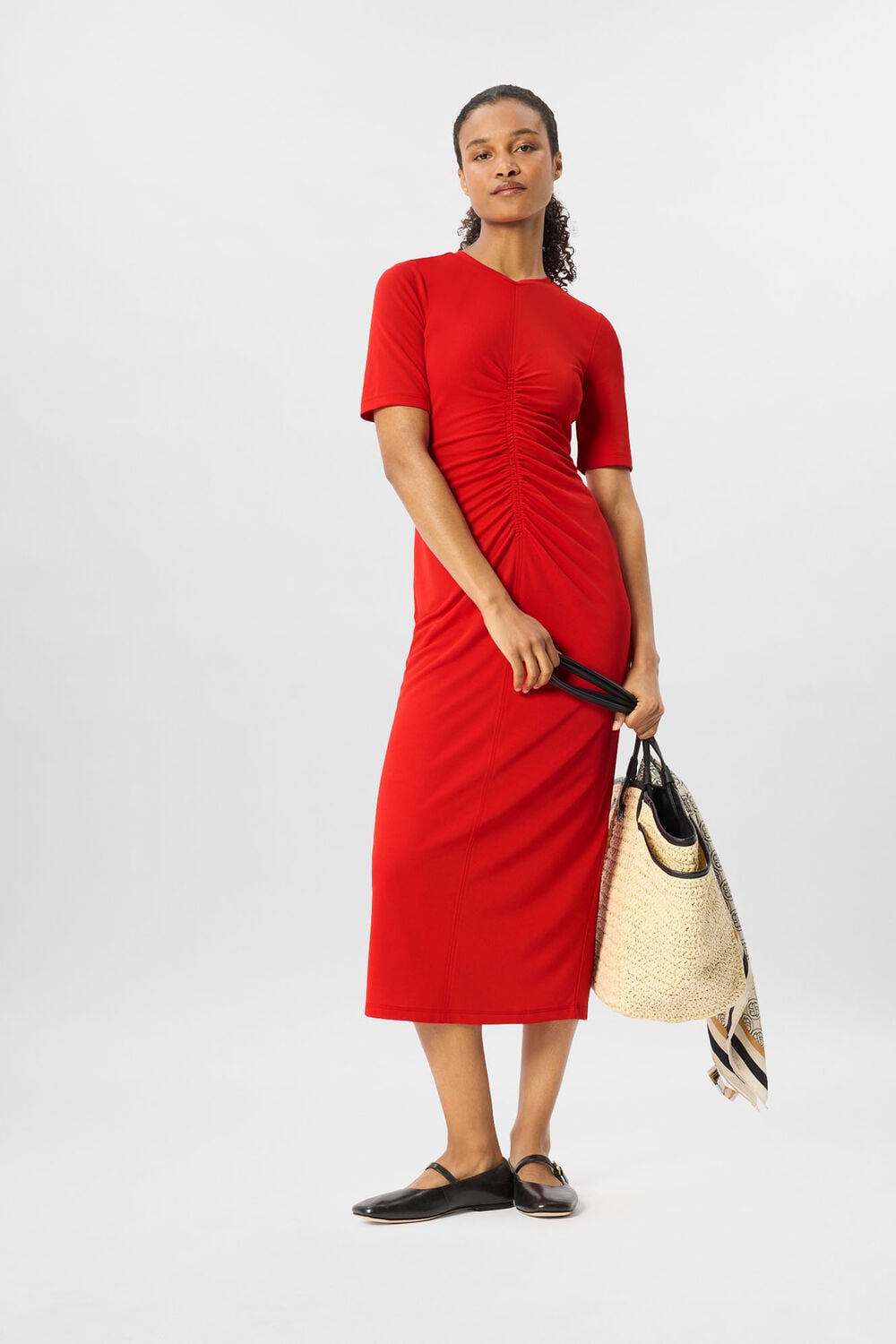 Red Gathered Jersey Midi Dress