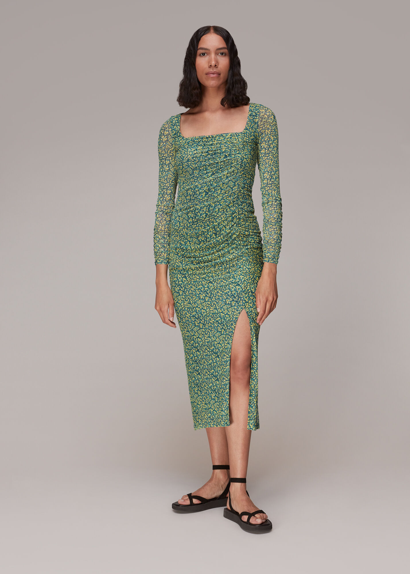 Green/Multi Ditsy Sunflower Mesh Dress | WHISTLES | Whistles US |