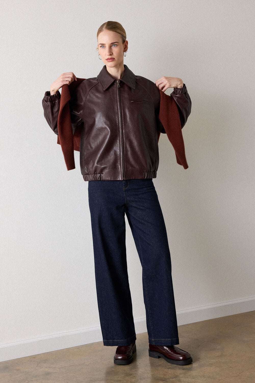 Shearling Trim Leather Bomber