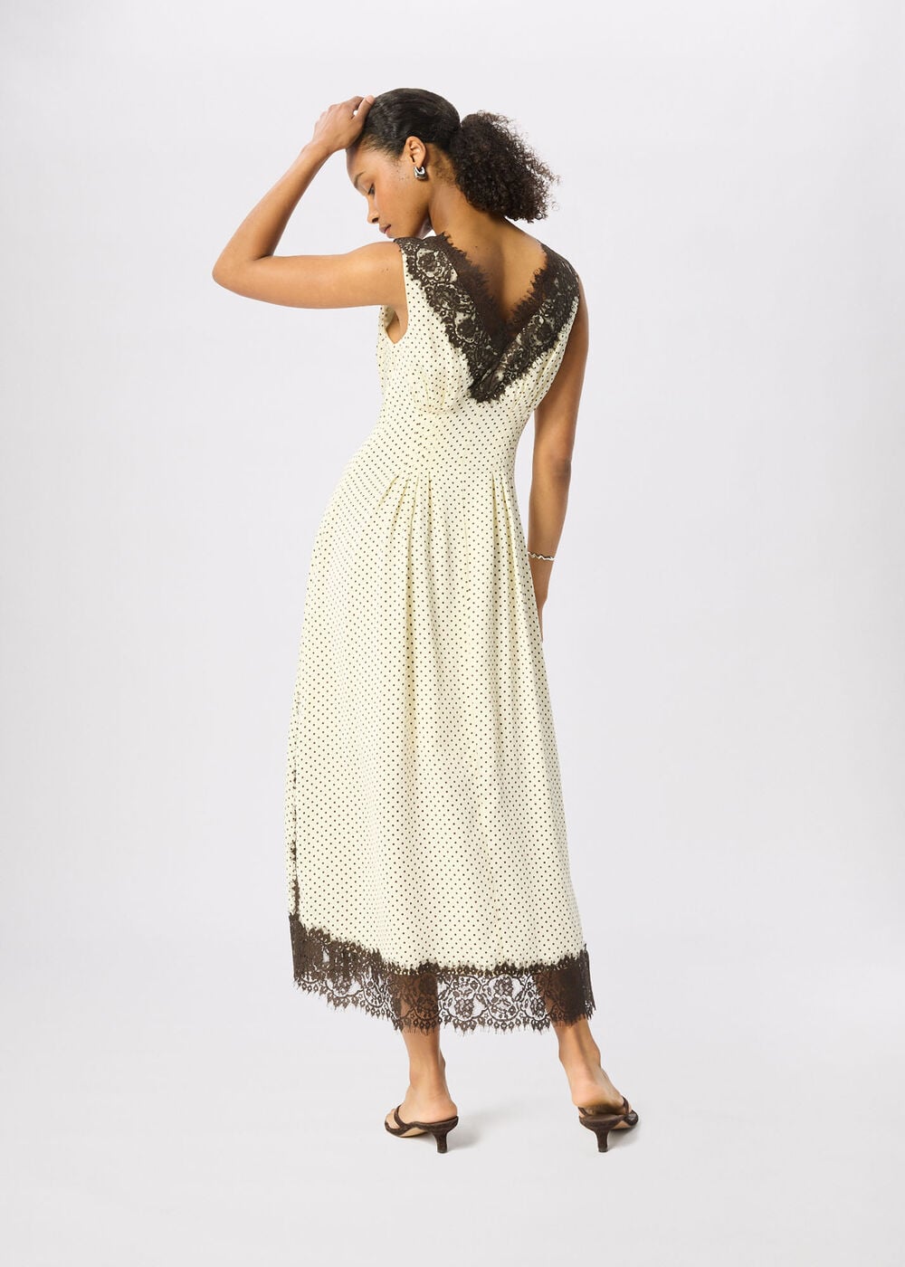 Lace V Neck Spot Midi Dress