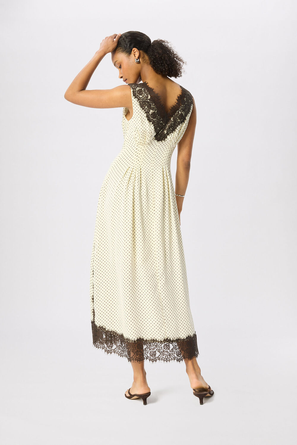 Yellow Lace V Neck Spot Midi Dress